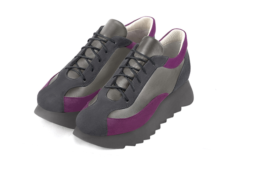 Dark grey and mulberry purple women's elegant sneakers. Round toe. Low rubber soles. Front view - Florence KOOIJMAN